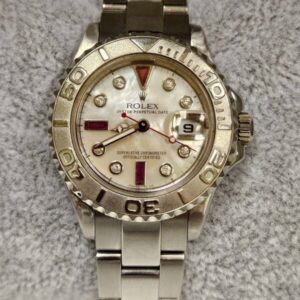 Rolex Ladies Yacht Master 29mm Platinum Bezel Custom Mother of Pearl Diamonds and Ruby Serti Dial169622