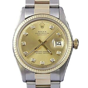 Rolex DateJust Mens 36mm Oyster Perpertual Stainless Steel 18K Yellow Gold Custom Gold Color Diamond Dial Fluted Bezel